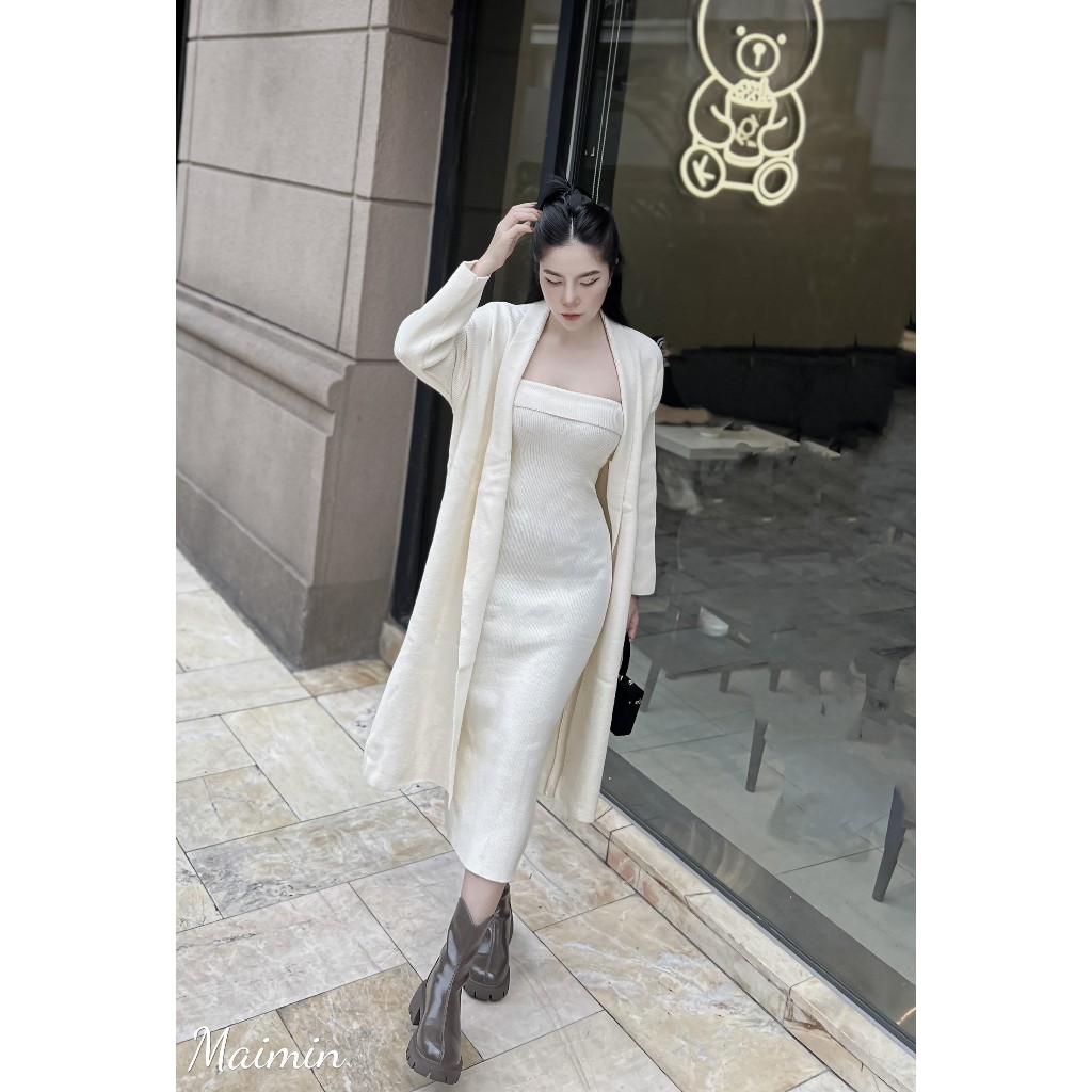 Set váy len maxi quây kèm áo cardigan dáng dài hàng QC freesize