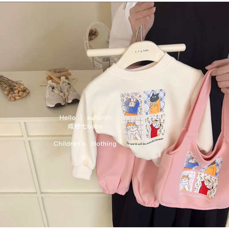 Bộ nỉ trắng hồng tặng kèm túi trẻ em VNXK