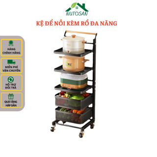 Kệ để nồi kết hợp rổ đựng rau củ, kệ đựng đồ nhà bếp 5 tầng đa năng có bánh xe xoay 360 độ