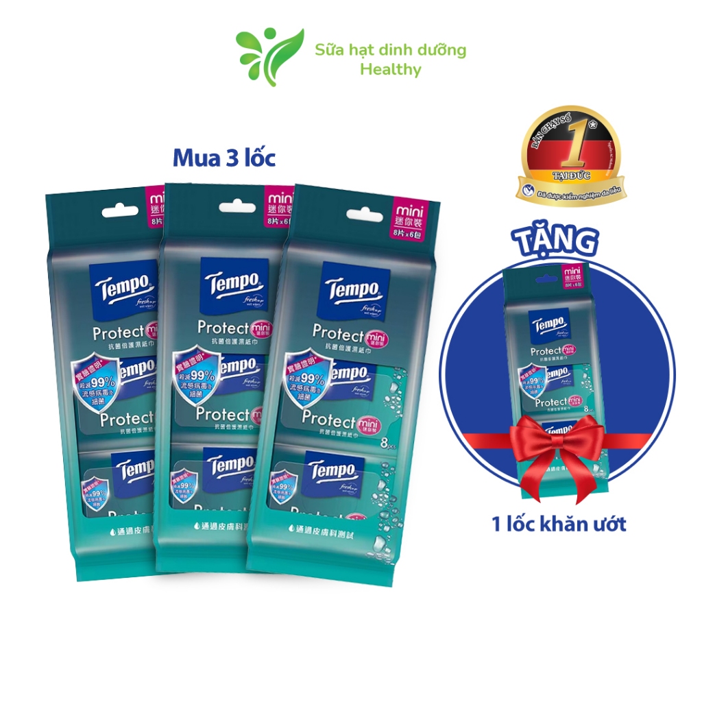 [MUA 3 LỐC TẶNG 1 LỐC] Khăn Giấy Ướt Mini Tempo Protect Ngăn Ngừa Vi Khuẩn Cao Cấp - Diệt Khuẩn 99% - Thương Hiệu Đức