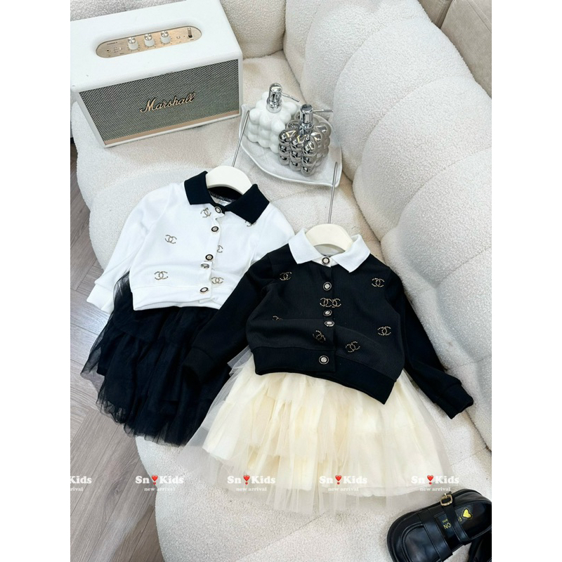 Set váy voan tầng xếp ly có lót áo len gân đính đá, set sơ mi đồng phục kèm cà vạt vải nhập qc Jane kids