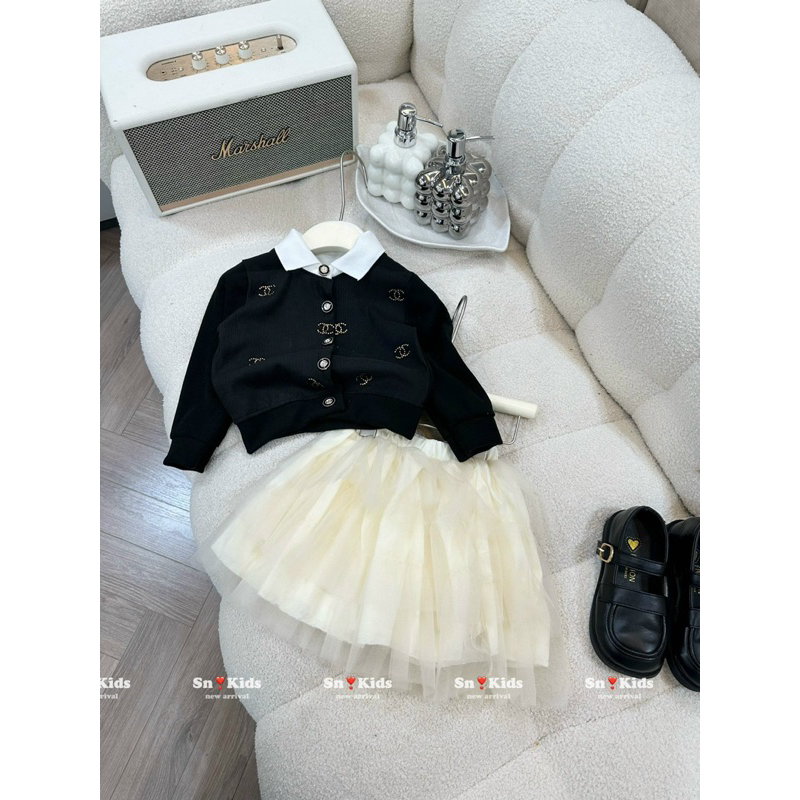 Set váy voan tầng xếp ly có lót áo len gân đính đá, set sơ mi đồng phục kèm cà vạt vải nhập qc Jane kids