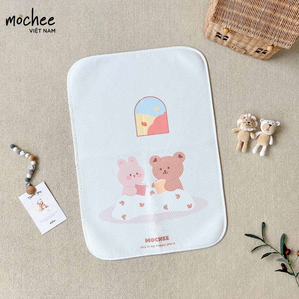 Lót chống thấm cho bé Mochee 4D 50x70cm, tấm lót thay bỉm họa tiết thoáng khí - Monnie Kids
