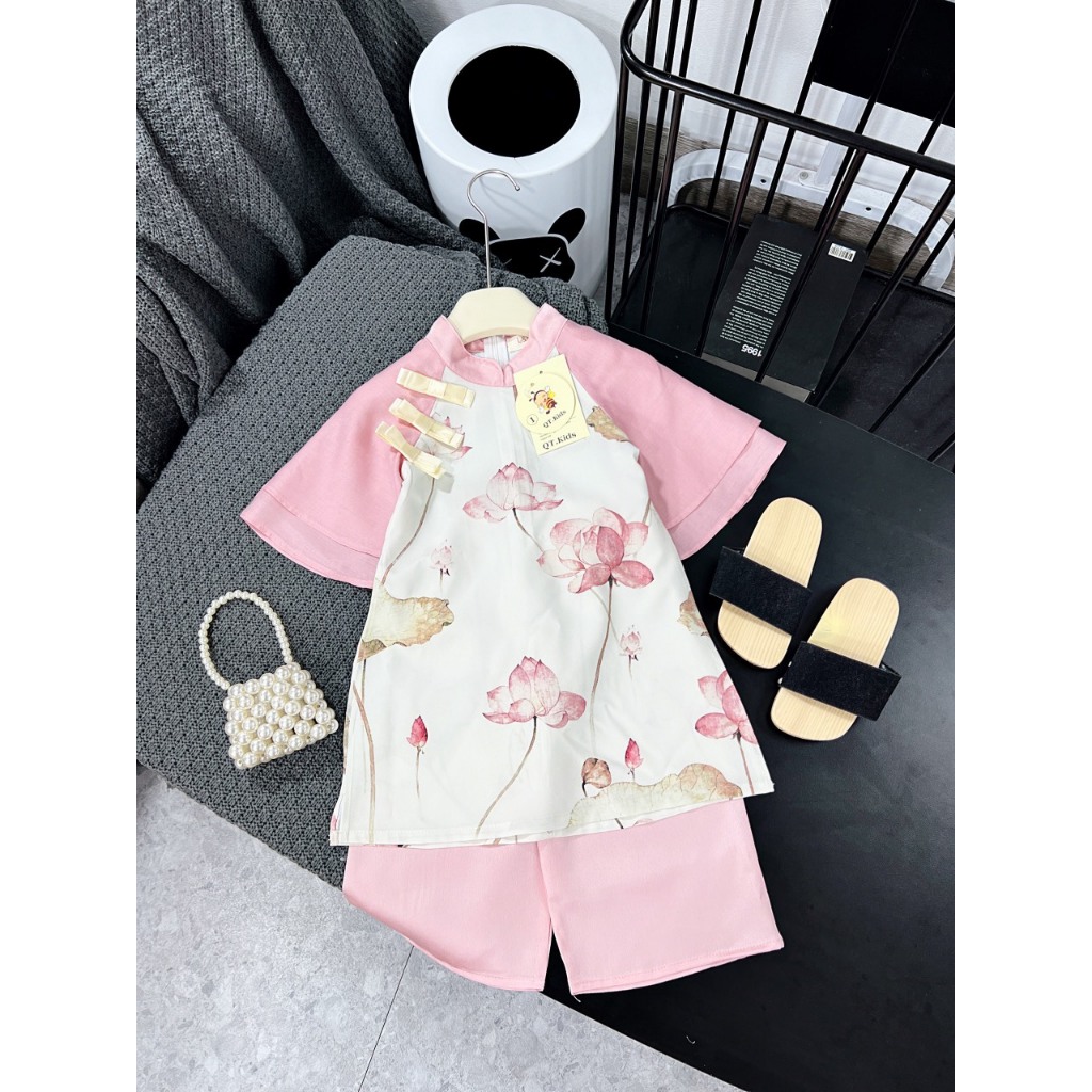 Set áo dài cách tân Sen tay lụa mềm đẹp cho bé 10-28kg