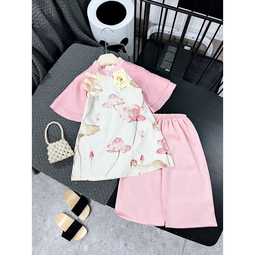 Set áo dài cách tân Sen tay lụa mềm đẹp cho bé 10-28kg