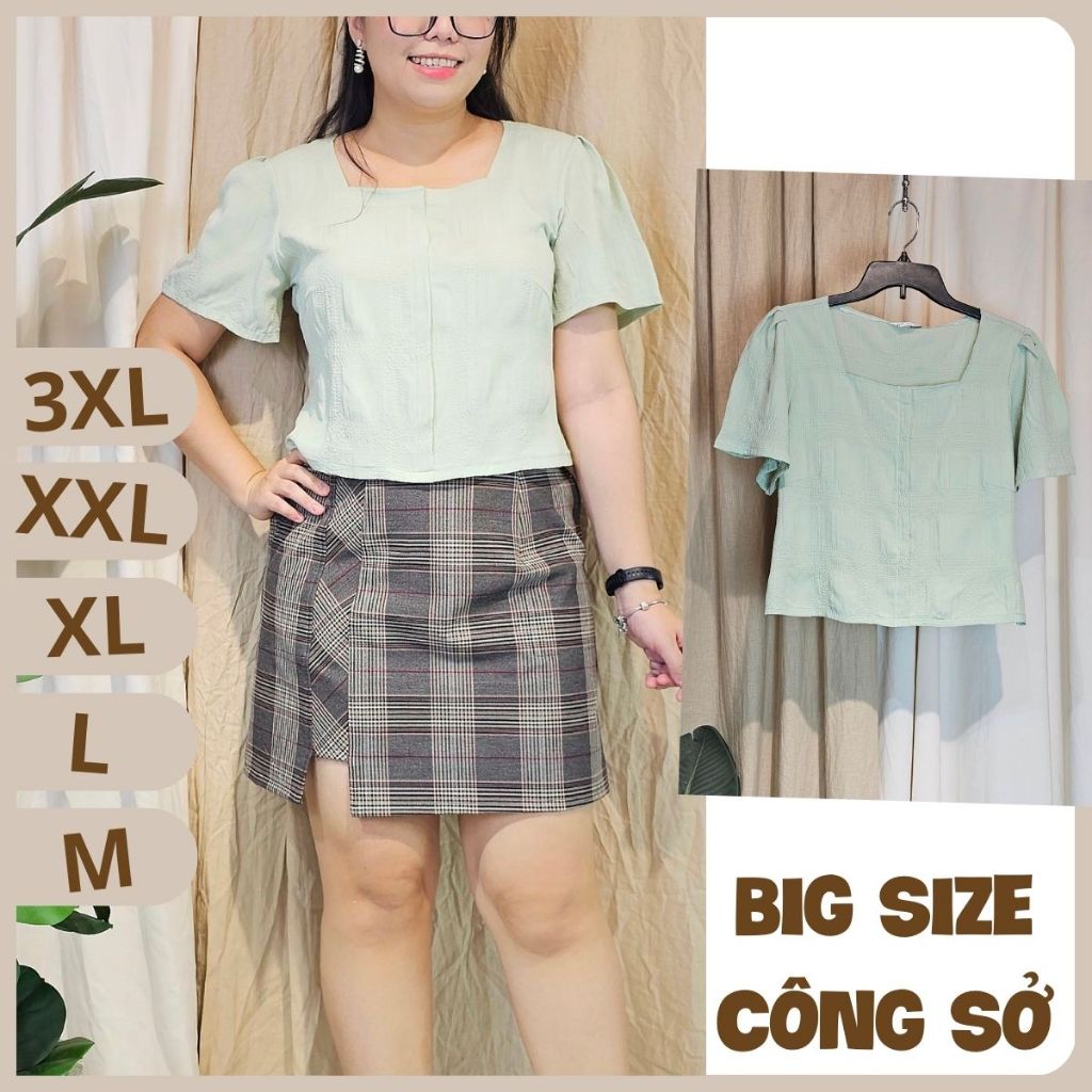 Bigsize công sở - Áo Cổ Vuông Gài Nút - Mint