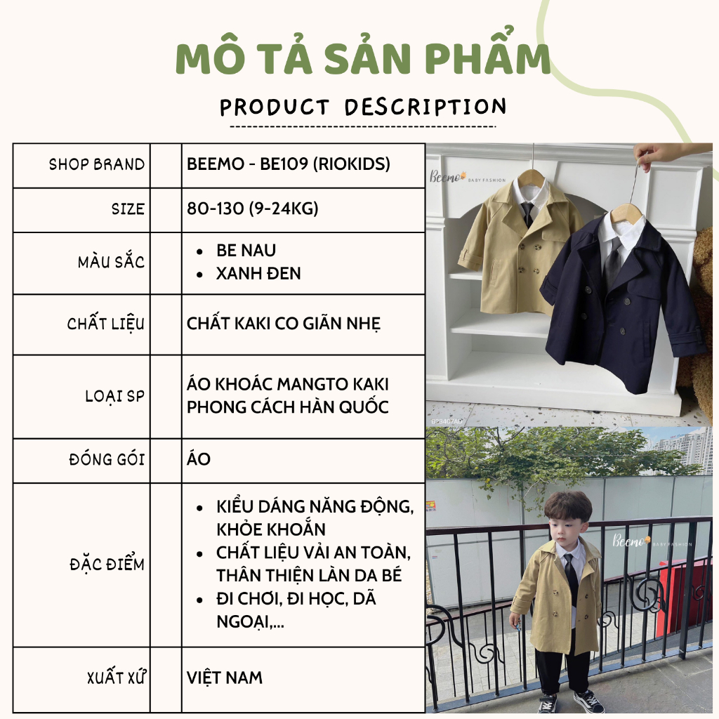 Áo khoác Mangto kaki BEEMO phong cách Hàn Quốc cho bé trai BE109