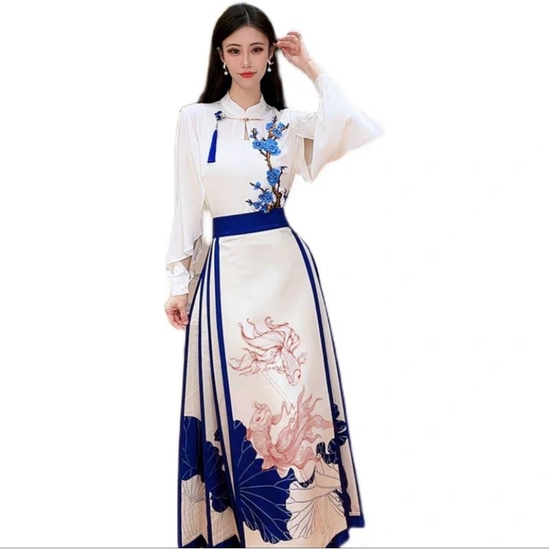 (Sẵn Hàng )Set Mã Diện áo sơ mi chân váy
