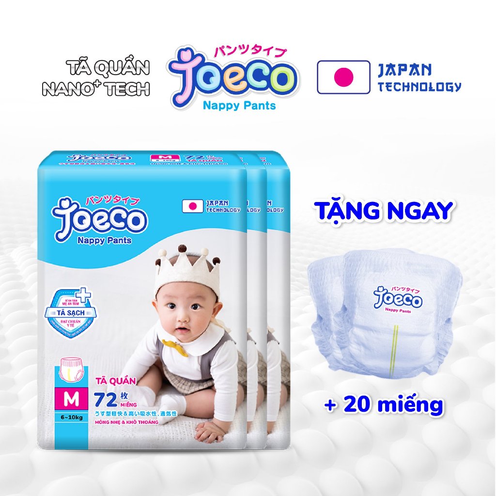 (Tặng 20 miếng) Combo 3 gói Tã quần JoeCo M72/L66/XL60/XXL54