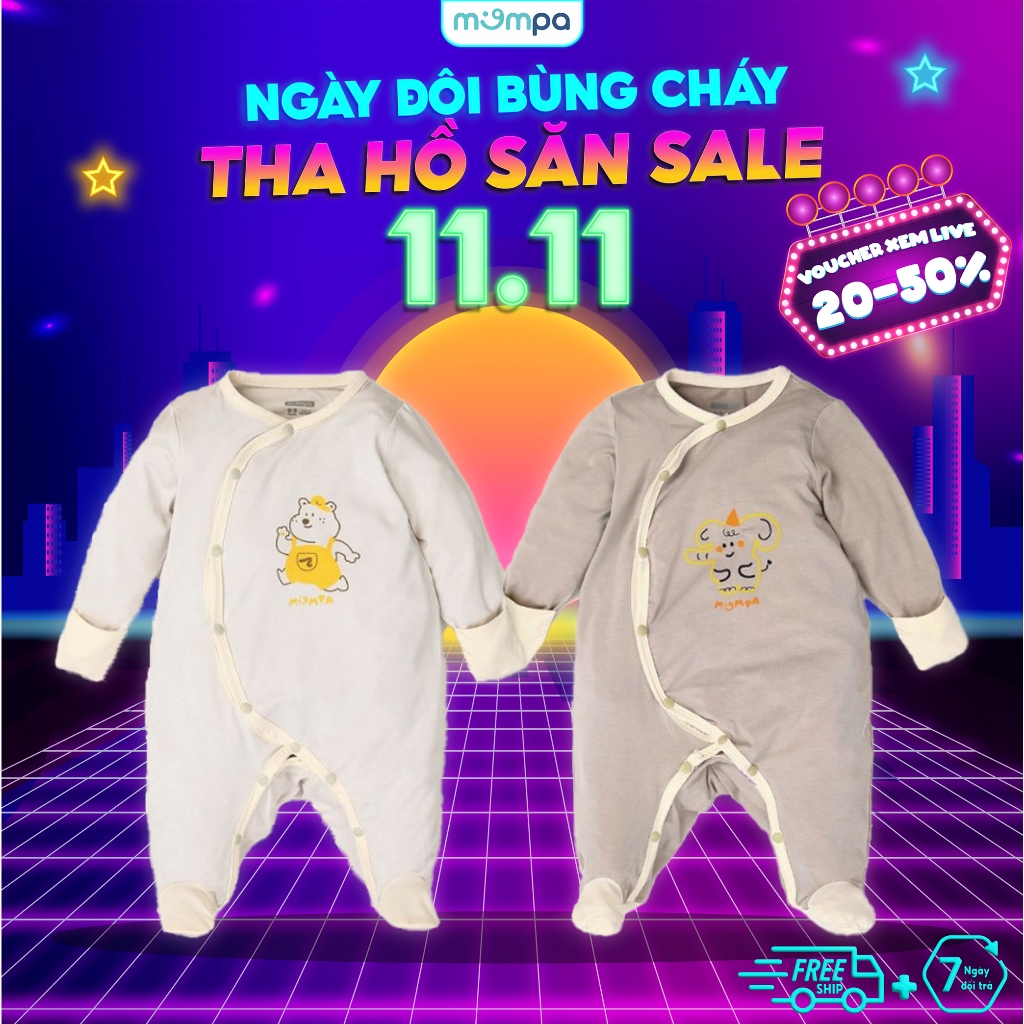 Bộ Bodysuit sơ sinh cho bé Mompa 0-9 tháng vải Sợi tre Bamboo lộn tay cúc bấm mềm mại thoáng khí 409