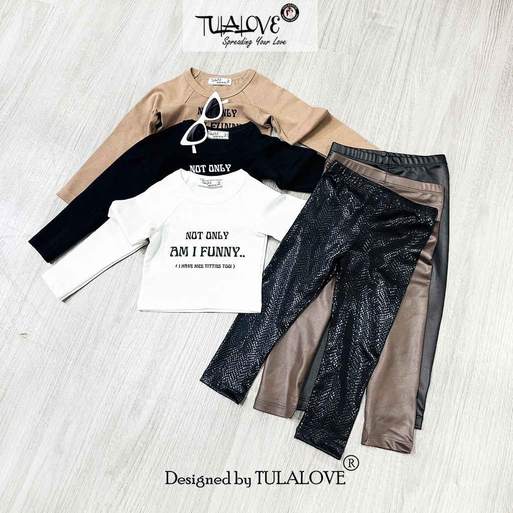 Áo Croptop Dài Tay Hình In, Quần Legging Tráng Da Bé Gái, Phối Set Tulalove