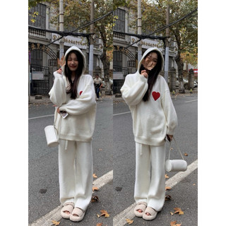 Set áo len mũ trùm thêu + quần len nữ ống suông ulzzang