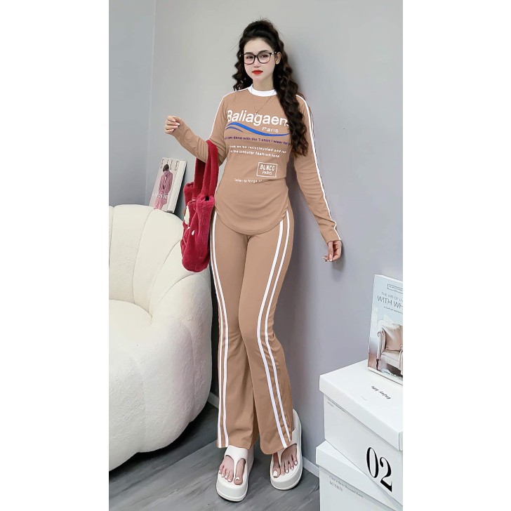 Set Thun Gân Tau Dài Phối Sọc Thể Thao - Áo Vạt Bầu -Sản Phẩm Y Hình