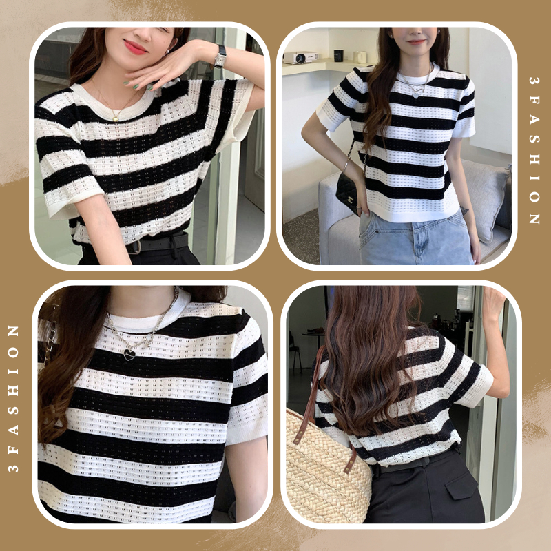 Áo thun dệt kim tay ngắn , áo vải len montoghi hoạ tiết sọc ngang trẻ trung phong cách hàn quốc 3Fashion - A15