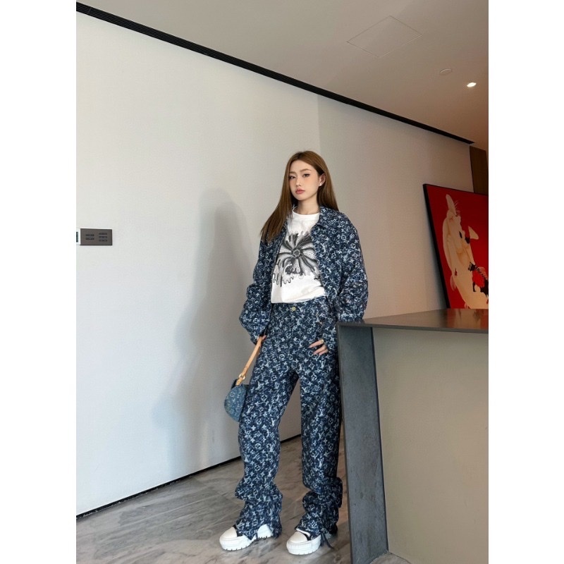 Set bộ quần áo jean denim louís vuituoi LV tài tay họa tiết monogram cao cấp