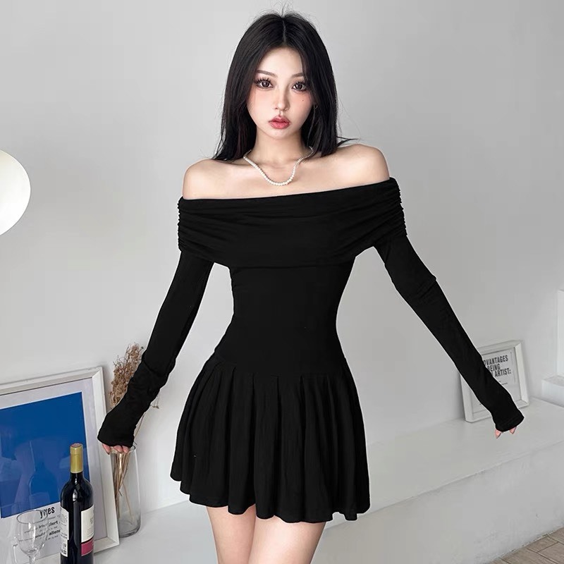 Đầm Body Tay Dài Trễ Vai RANSHI Thiết Kế Xếp Ly Form Siêu Xinh Váy Vải Mềm Mát Style Hàn Quốc - RBD120