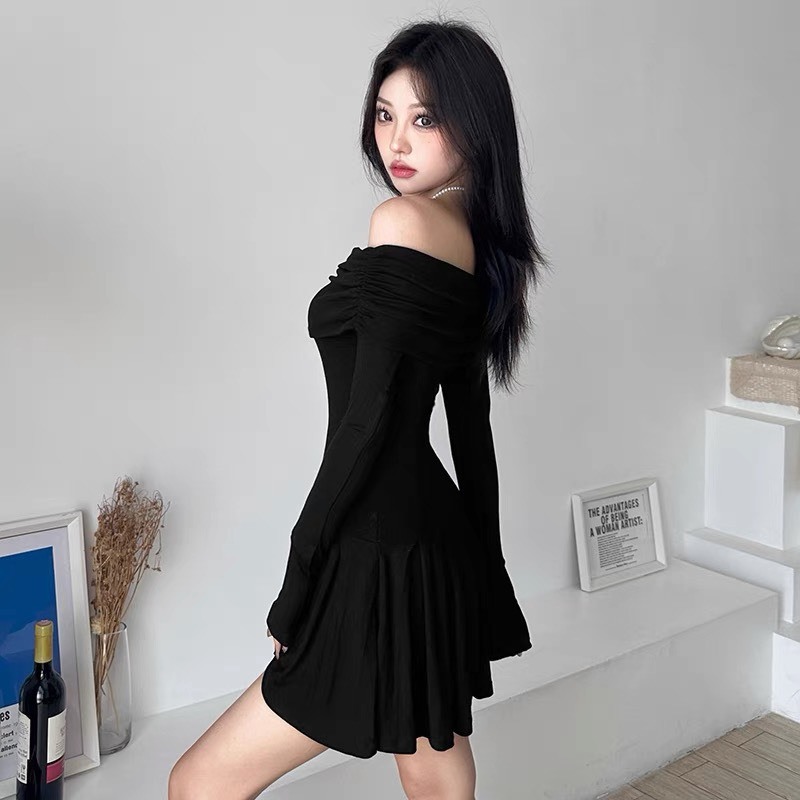 Đầm Body Tay Dài Trễ Vai RANSHI Thiết Kế Xếp Ly Form Siêu Xinh Váy Vải Mềm Mát Style Hàn Quốc - RBD120