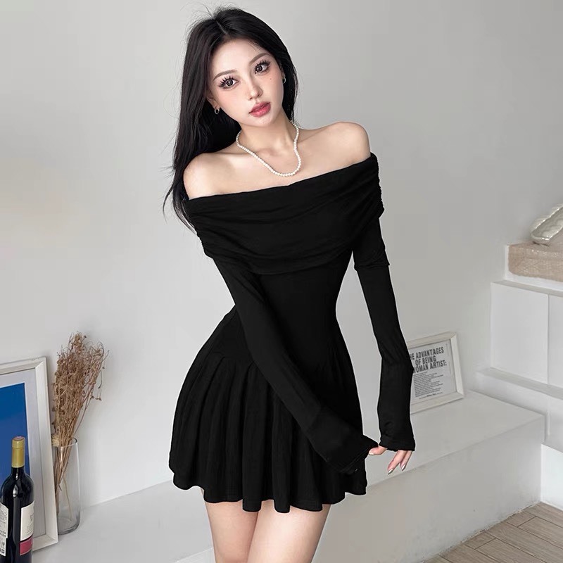 Đầm Body Tay Dài Trễ Vai RANSHI Thiết Kế Xếp Ly Form Siêu Xinh Váy Vải Mềm Mát Style Hàn Quốc - RBD120