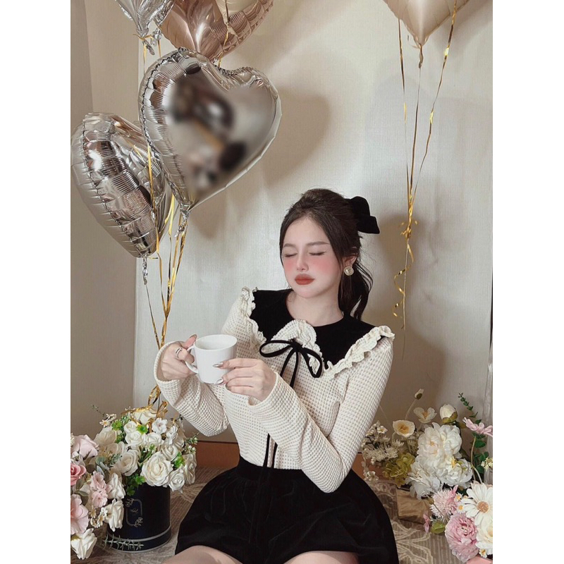 Set áo ren pha mix chân váy nhung 2 lớp