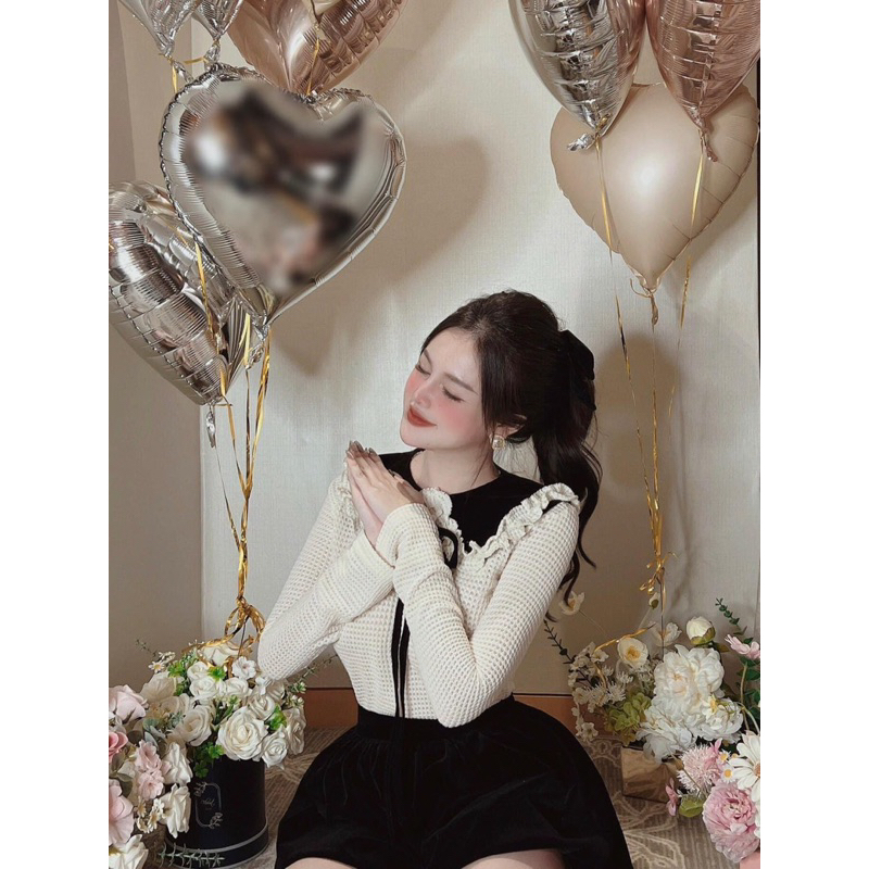 Set áo ren pha mix chân váy nhung 2 lớp