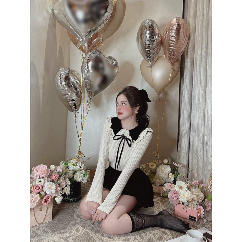 Set áo ren pha mix chân váy nhung 2 lớp