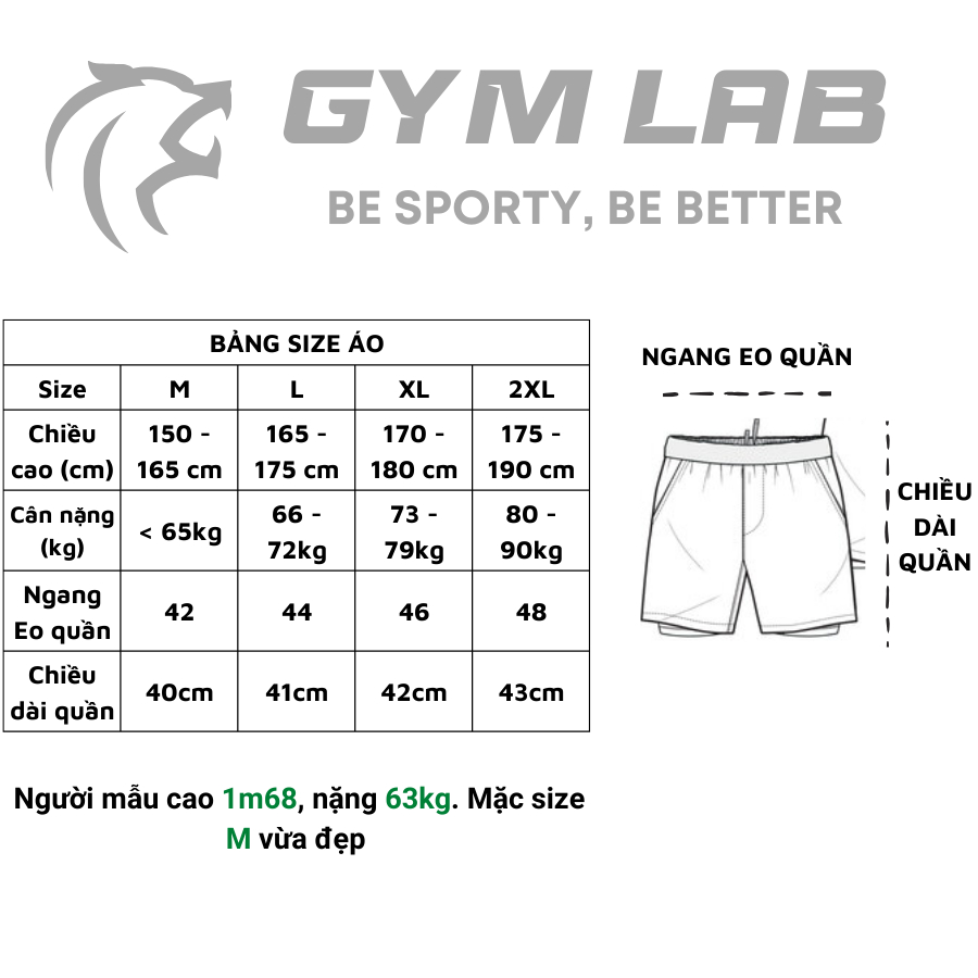 Quần short tập gym nam 2 lớp Gymlab, quần ngắn thể thao màu Đen, Xám form trên gối chất vải thoải mái thoáng mát