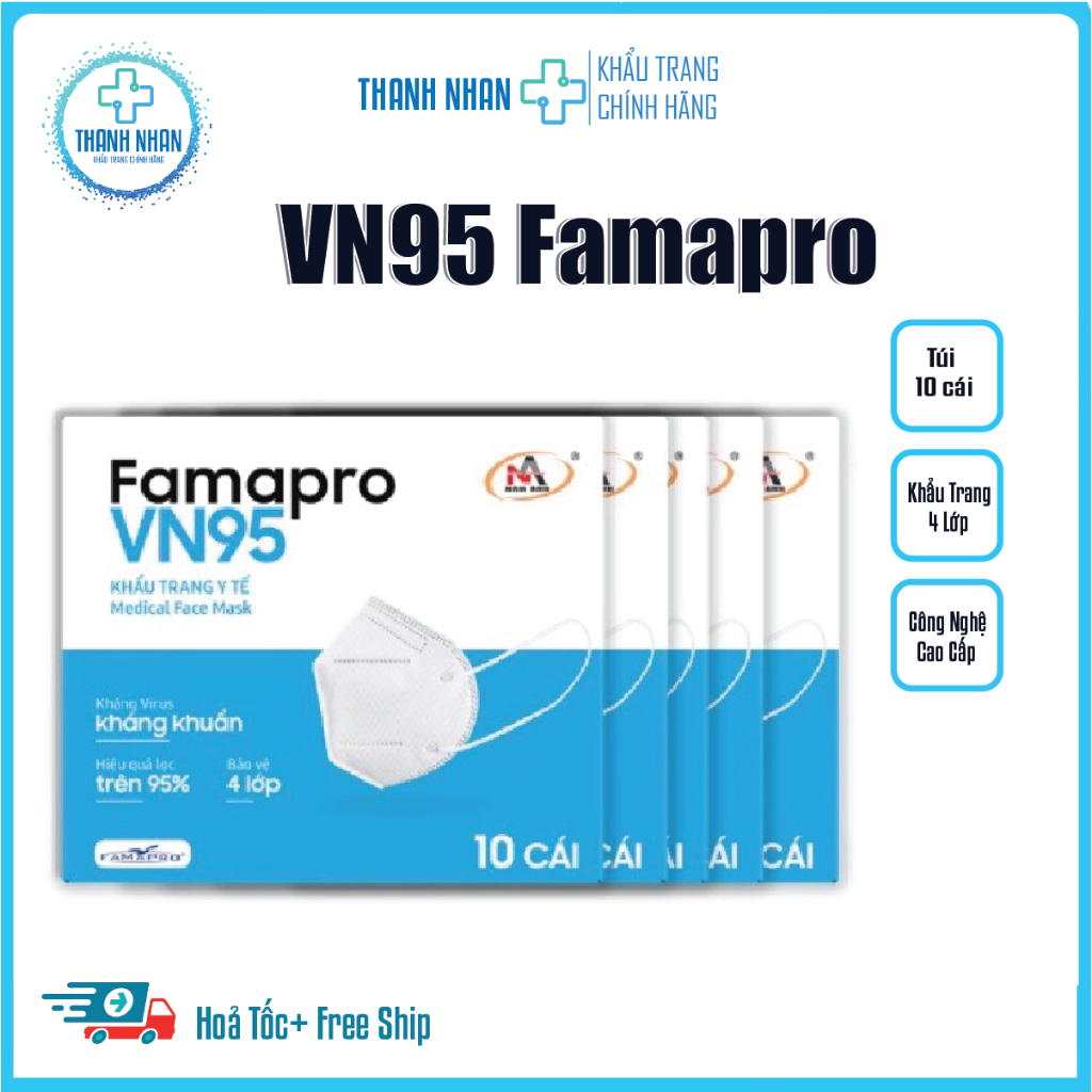 [Hộp 10 Cái] Khẩu Trang Vn95 Chính Hãng Famapro - Nam Anh, Thiết Kế 4 Lớp Kháng Khuẩn, Chống Nắng, Tia Uv, Tương Đương N95.