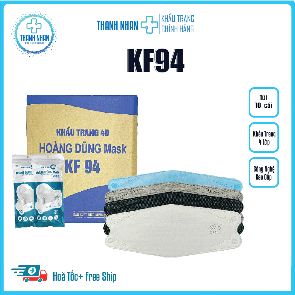 [Thùng 300 cái] Khẩu trang KF94 Hoàng Dũng 4 lớp cao cấp kháng khuẩn, chống bụi mịn, chống nắng, chống tia UV.