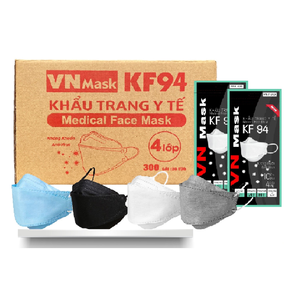 Khẩu trang KF94 thùng 300 cái cao cấp kháng khuẩn, lọc bụi, chống nắng, chống tia UV, giá tốt tại xưởng sản xuất.