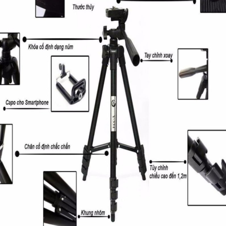 Combo Gậy Chụp Hình Tripod 3 Chân Thân Nhôm TF 3120 Cho Điện Thoại, Máy Ảnh Tặng Kèm Remote