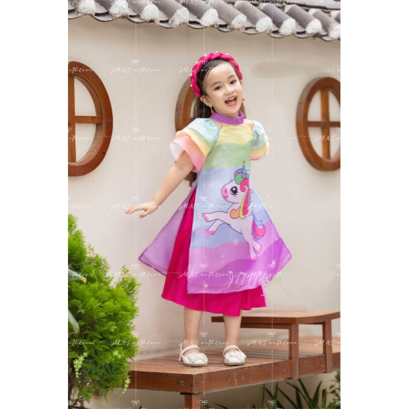 ÁO DÀI TẾT PONY CẦU VỒNG CHẤT VOAN TƠ PHỐI LỤA SATIN BÉ GÁI HAIVANCO 10 đến 40 kg mềm mại thoáng mát màu sắc độc đáo