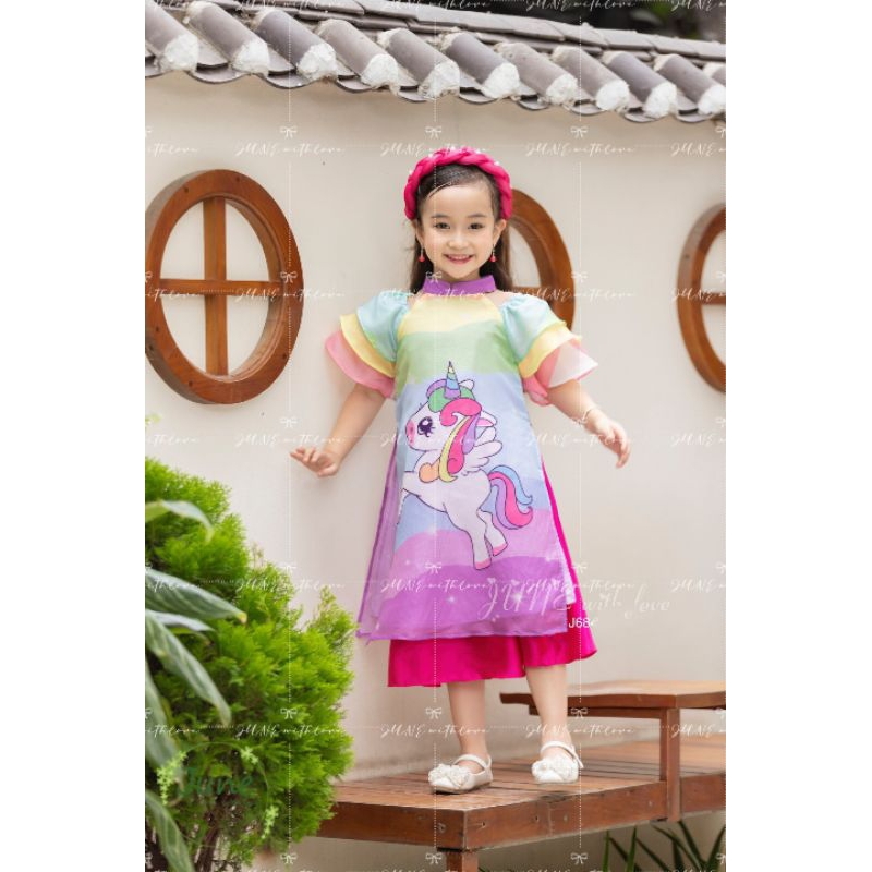 ÁO DÀI TẾT PONY CẦU VỒNG CHẤT VOAN TƠ PHỐI LỤA SATIN BÉ GÁI HAIVANCO 10 đến 40 kg mềm mại thoáng mát màu sắc độc đáo