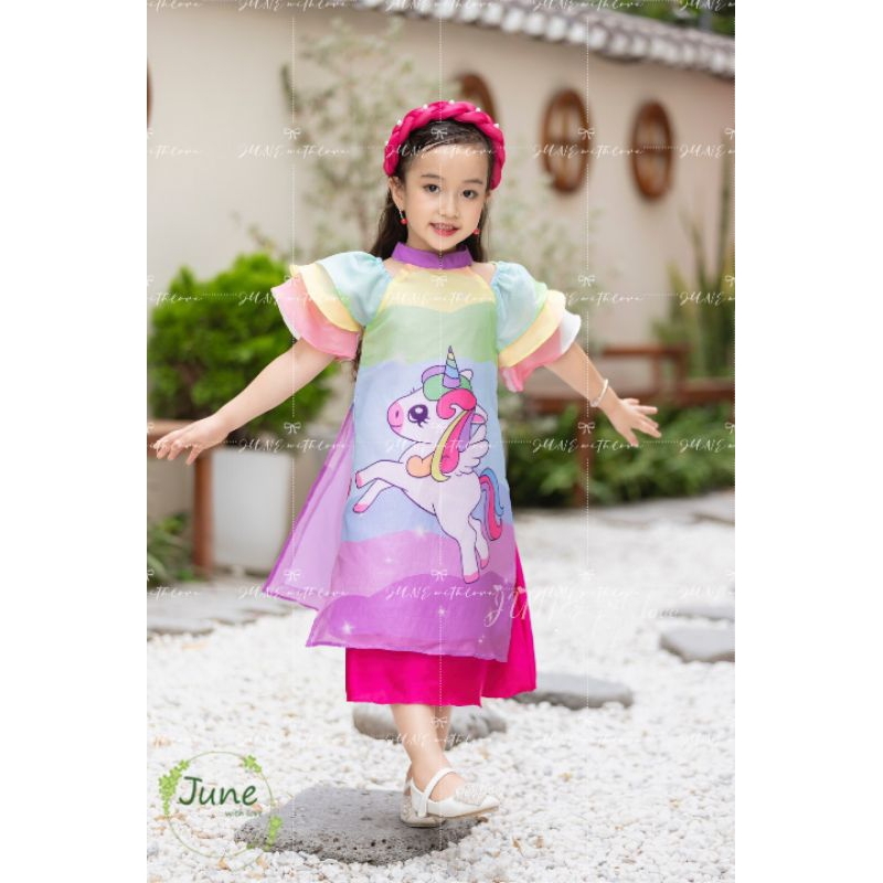 ÁO DÀI TẾT PONY CẦU VỒNG CHẤT VOAN TƠ PHỐI LỤA SATIN BÉ GÁI HAIVANCO 10 đến 40 kg mềm mại thoáng mát màu sắc độc đáo