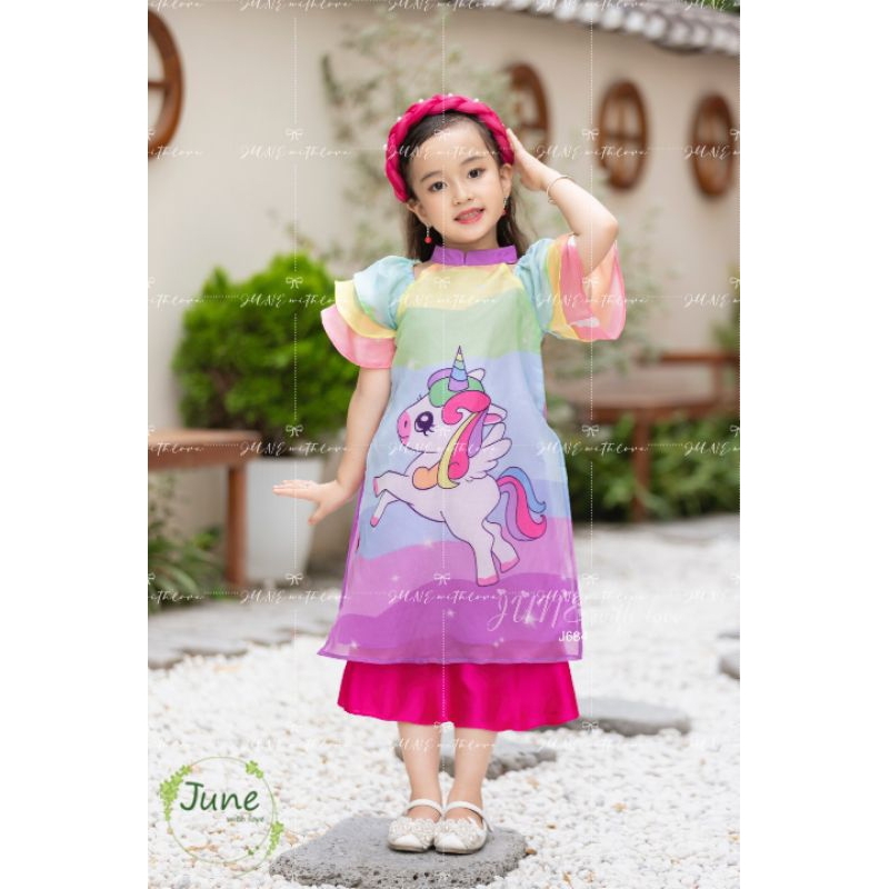 ÁO DÀI TẾT PONY CẦU VỒNG CHẤT VOAN TƠ PHỐI LỤA SATIN BÉ GÁI HAIVANCO 10 đến 40 kg mềm mại thoáng mát màu sắc độc đáo