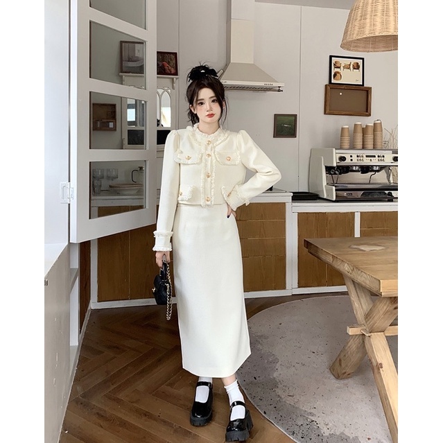 Set Dạ Dài 4 Nắp Túi Mix Chân Váy Dáng Dài 2 Màu Cá Tính,set váy siêu dầy dặn snag chảnh phù hợp các dịp lễ  V21