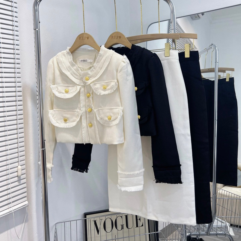 Set Dạ Dài 4 Nắp Túi Mix Chân Váy Dáng Dài 2 Màu Cá Tính,set váy siêu dầy dặn snag chảnh phù hợp các dịp lễ  V21