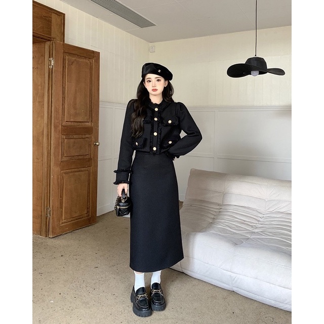 Set Dạ Dài 4 Nắp Túi Mix Chân Váy Dáng Dài 2 Màu Cá Tính,set váy siêu dầy dặn snag chảnh phù hợp các dịp lễ  V21