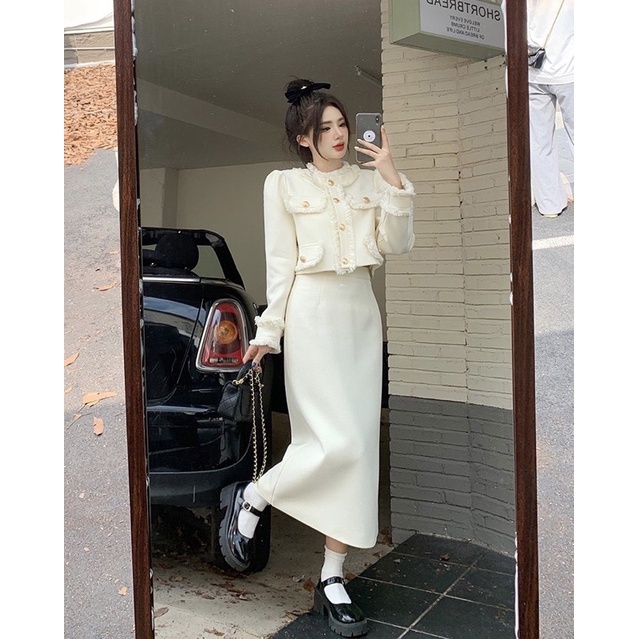 Set Dạ Dài 4 Nắp Túi Mix Chân Váy Dáng Dài 2 Màu Cá Tính,set váy siêu dầy dặn snag chảnh phù hợp các dịp lễ  V21