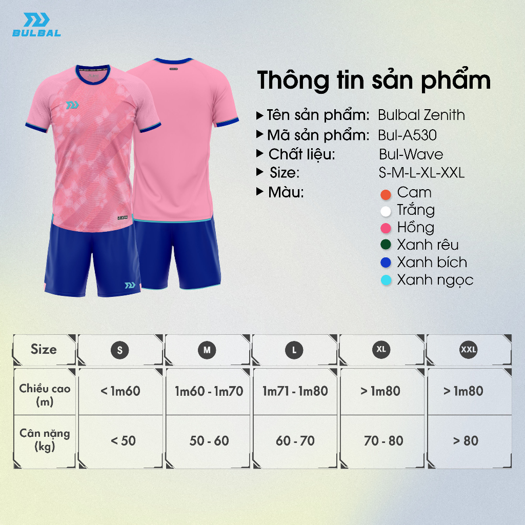 Bộ Quần Áo Bóng Đá BULBAL Zenith, Chất Vải Bul-Wave, Mềm Mại, Thoáng Mát