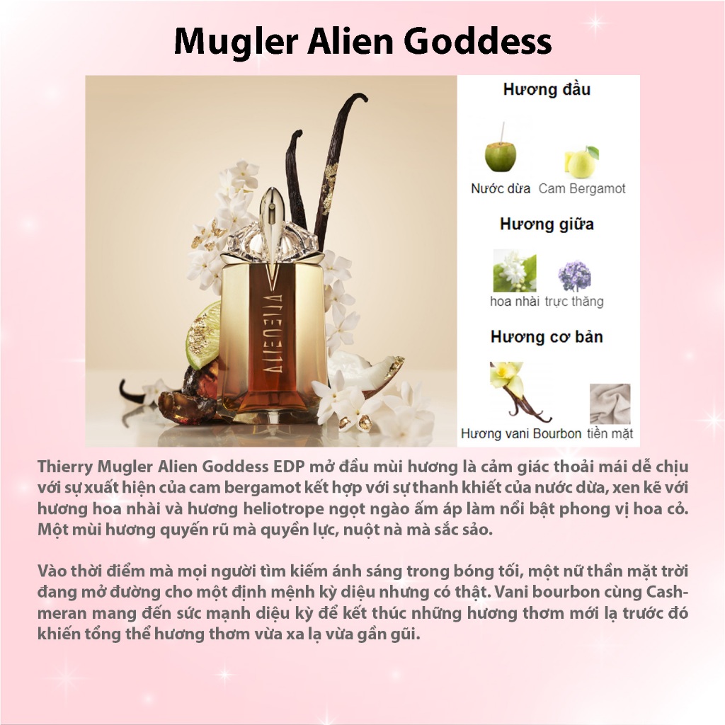 Nước hoa nữ Mugler Alien Tím - Alien Goddess vàng Hoa nhài, Hổ phách, Gỗ Sang trọng bí ẩn quý phái