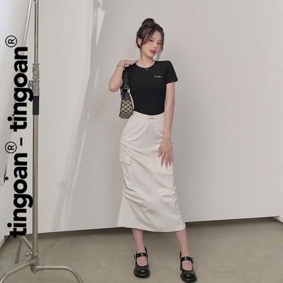 TINGOAN®  - Chân váy dài trắng cạp cap túi hôp 2 bên nhún 2 bên JI JI LONG SKIRT/WH