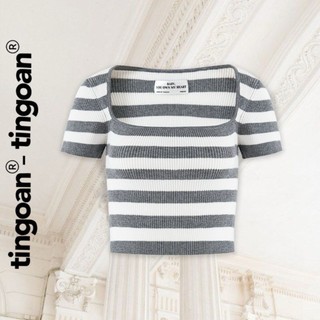 TINGOAN® - Áo len xù crop lửng ngắn tay cổ vuông kẻ xám BORA BORA TOP/GR