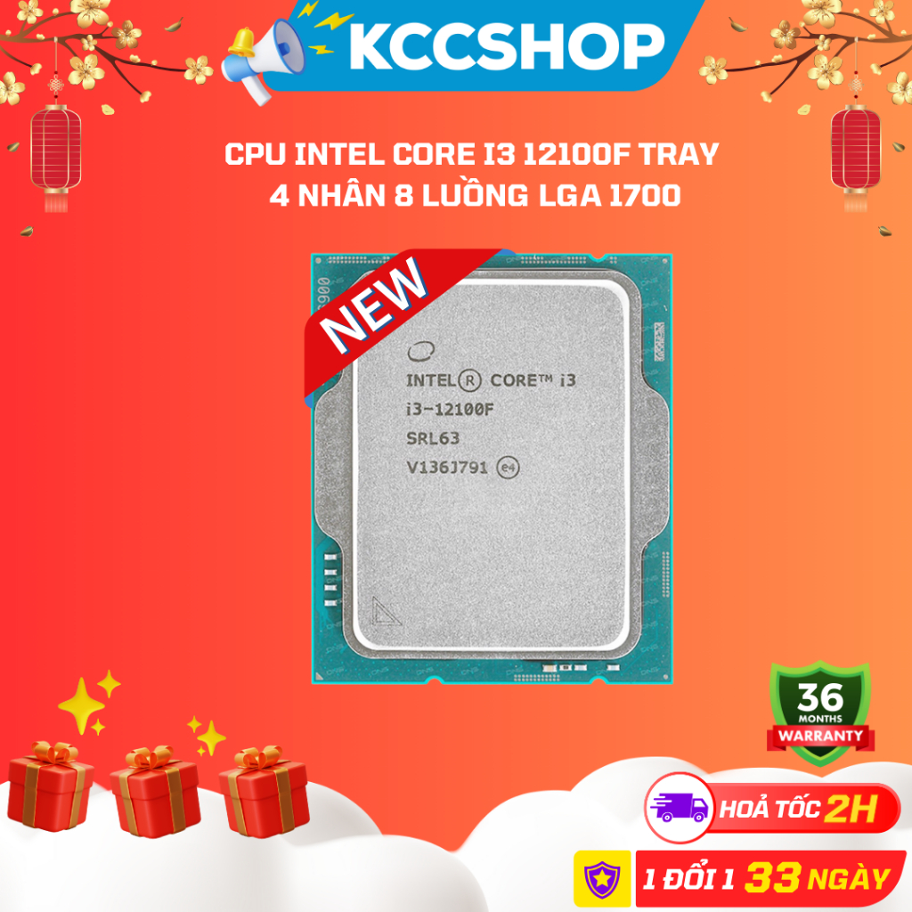 CPU intel core i3 12100F( 4 NHÂN 8 LUỒNG / 3.3 - 4.3 GHZ / 12MB ) Socket LGA 1700 Tray NEW BH 36 tháng