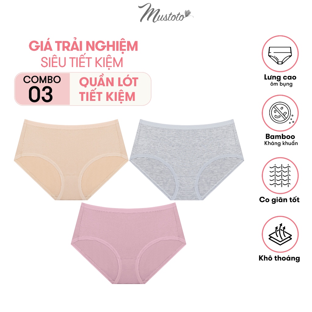 Combo 3 Quần Lót Nữ Mustoto Trơn Lưng Vừa Bamboo Airy Kháng Khuẩn Da, Xám, Hồng (MQ51)