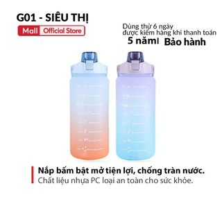 Bình nước 2L G01 kèm sticker nhắc uống nước có ống hút vạch chia cho học sinh văn phòng