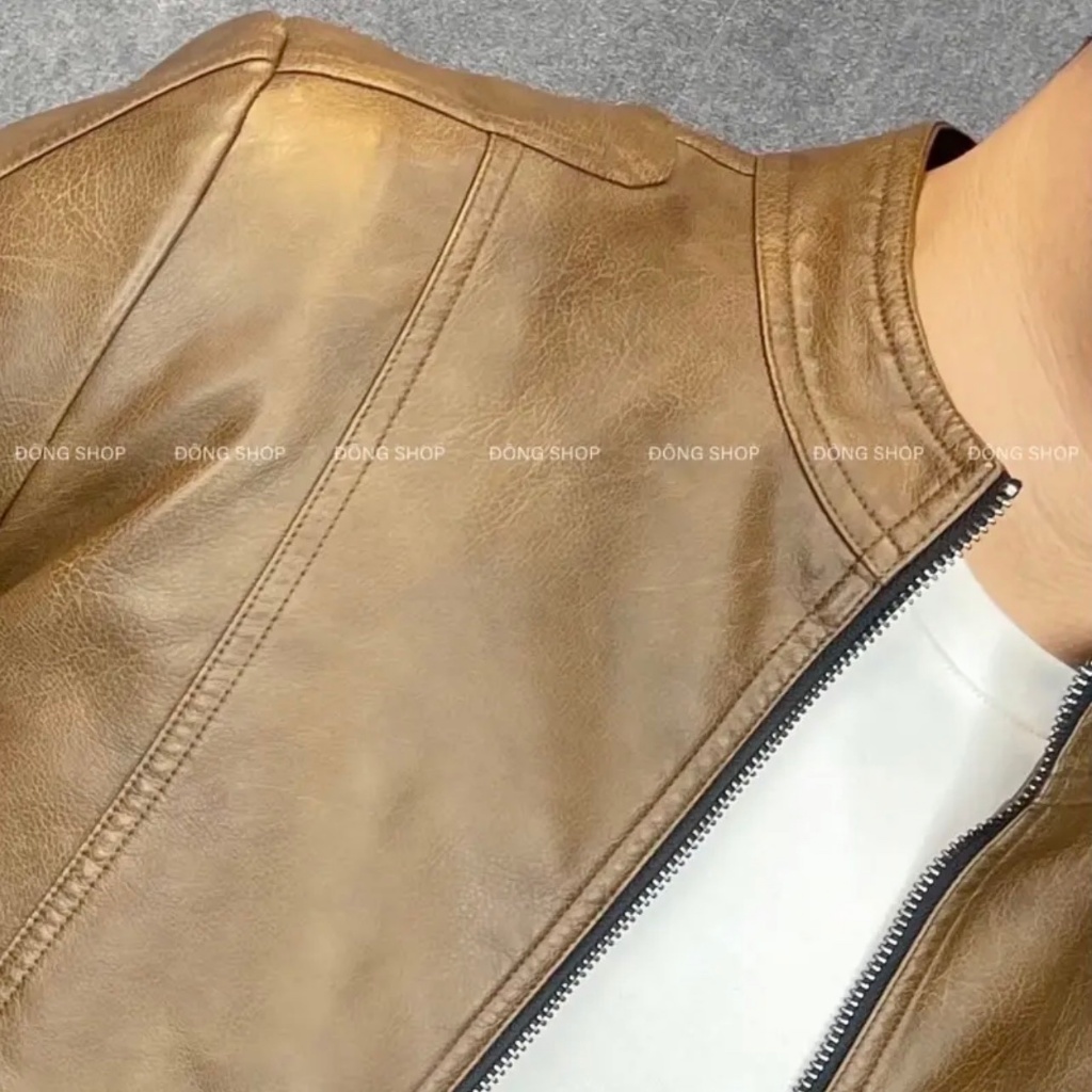 Áo khoác, áo khoác da cổ tàu lót bông tay kéo khóa thời trang nam