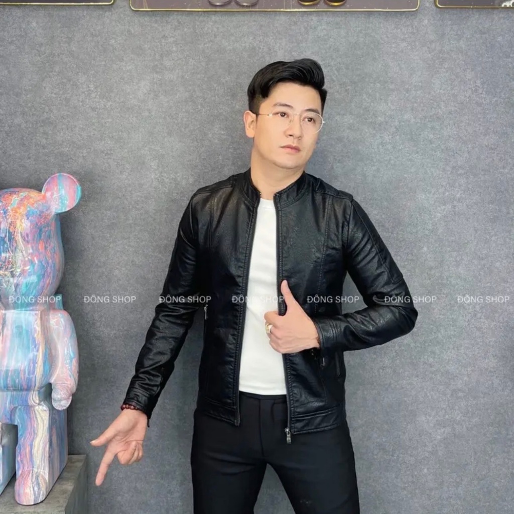 Áo khoác, áo khoác da cổ tàu lót bông tay kéo khóa thời trang nam