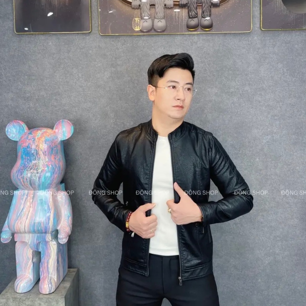 Áo khoác, áo khoác da cổ tàu lót bông tay kéo khóa thời trang nam