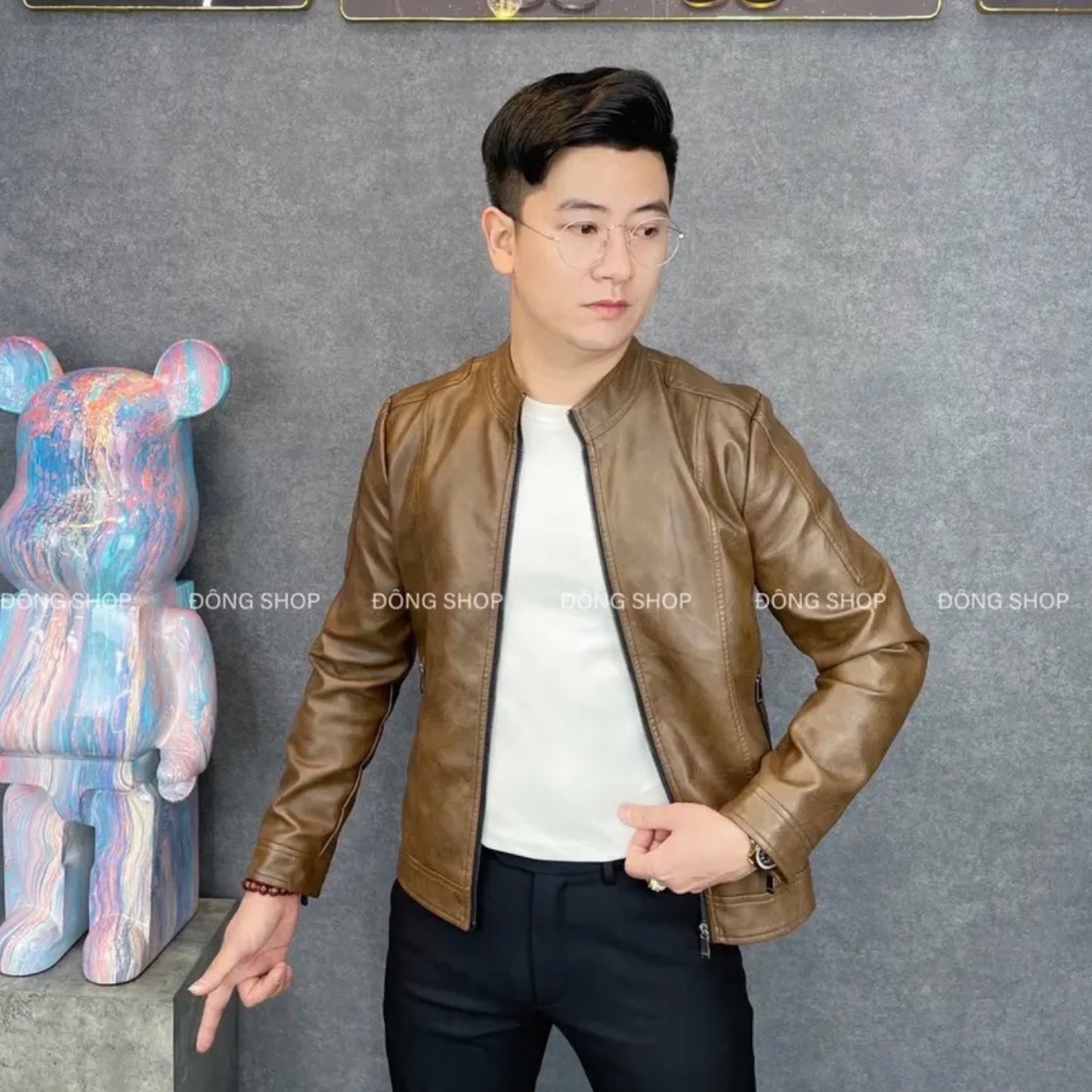 Áo khoác, áo khoác da cổ tàu lót bông tay kéo khóa thời trang nam