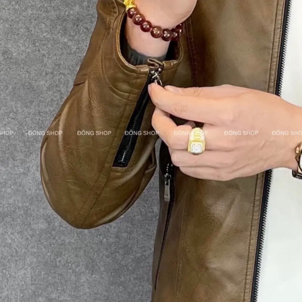 Áo khoác, áo khoác da cổ tàu lót bông tay kéo khóa thời trang nam